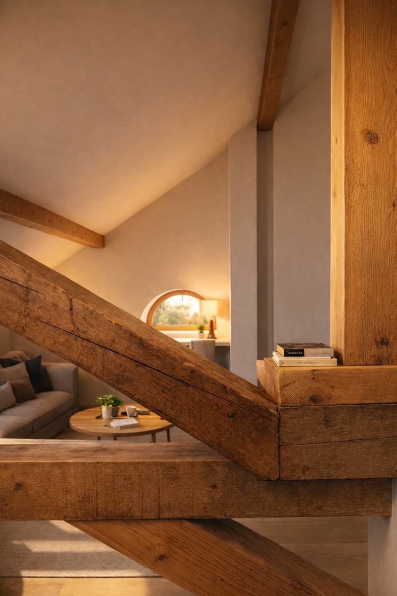 Gros plan sur une poutre en bois sous les combles, avec canapé et fenêtre en arc en arrière-plan