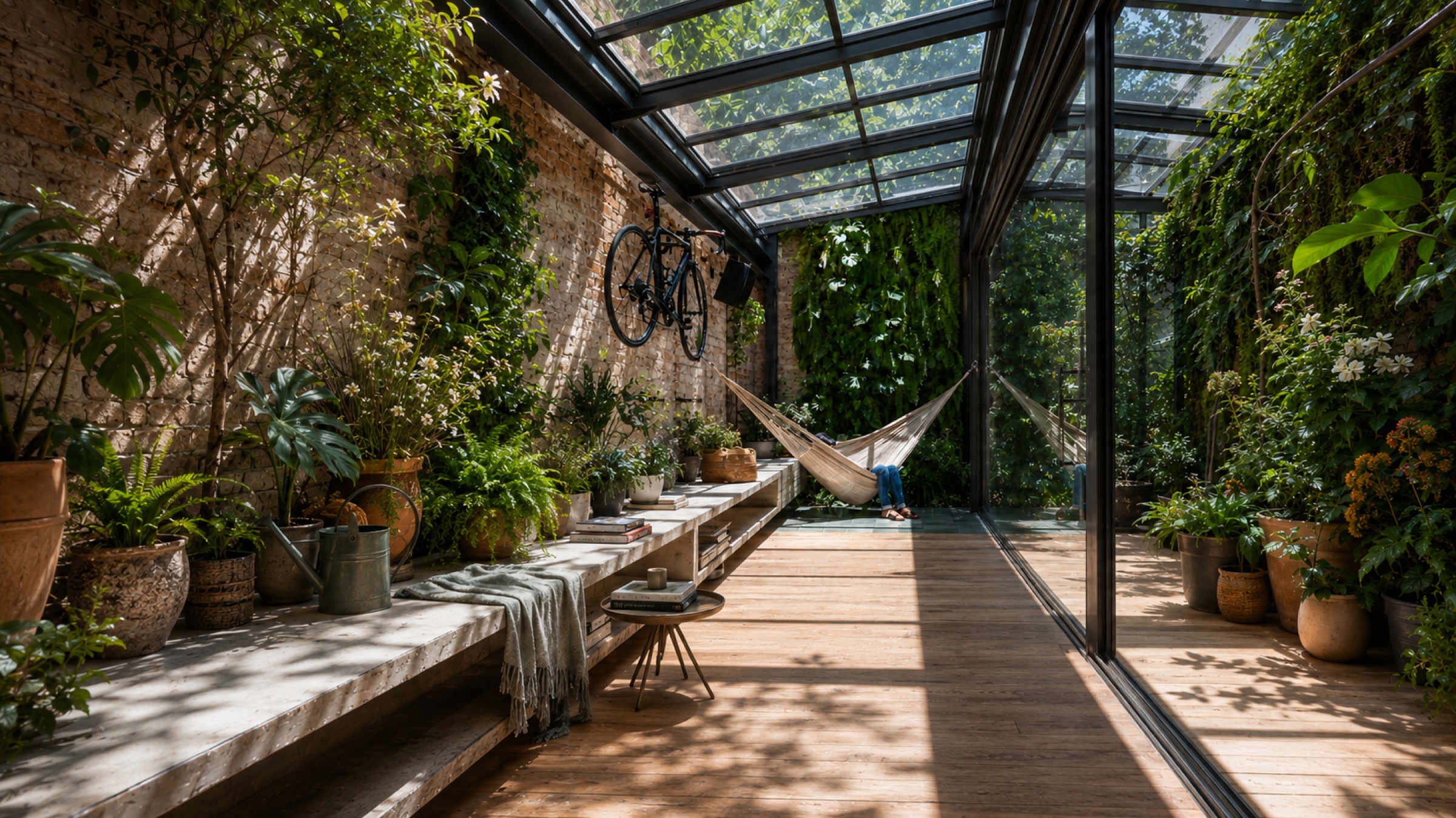 Véranda-patio en verrière, végétation luxuriante, hamac et mur de brique