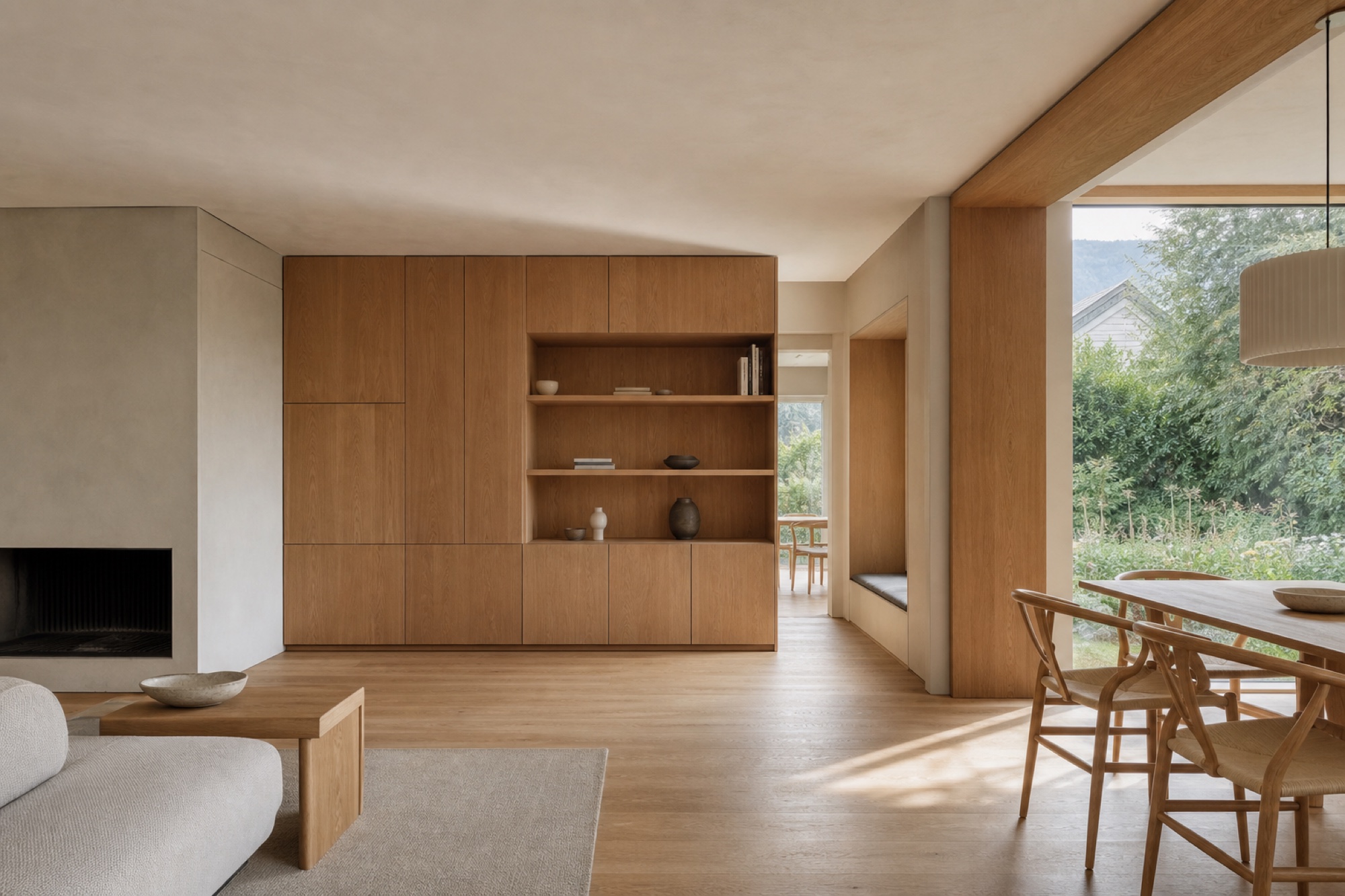 Séjour minimaliste en chêne clair, cheminée et grande baie ouverte sur le jardin