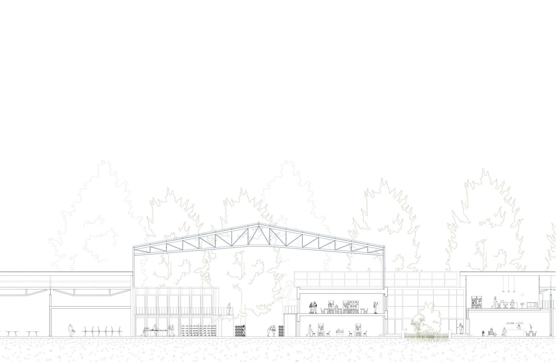 Coupe sur la halle et les ateliers, espace public au premier plan