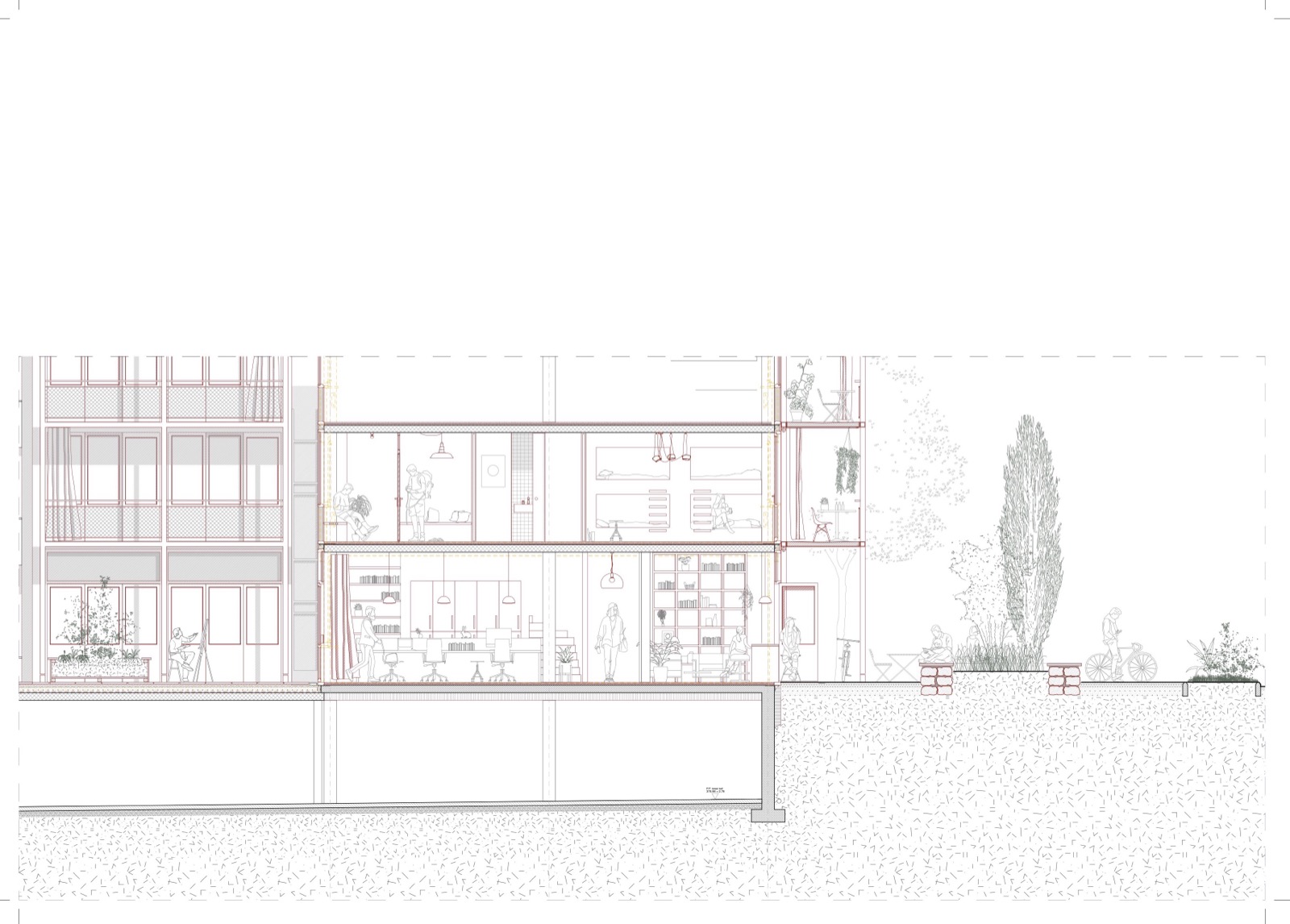 Coupe détaillée sur le bâtiment, logements superposés aux espaces partagés et à la rue plantée