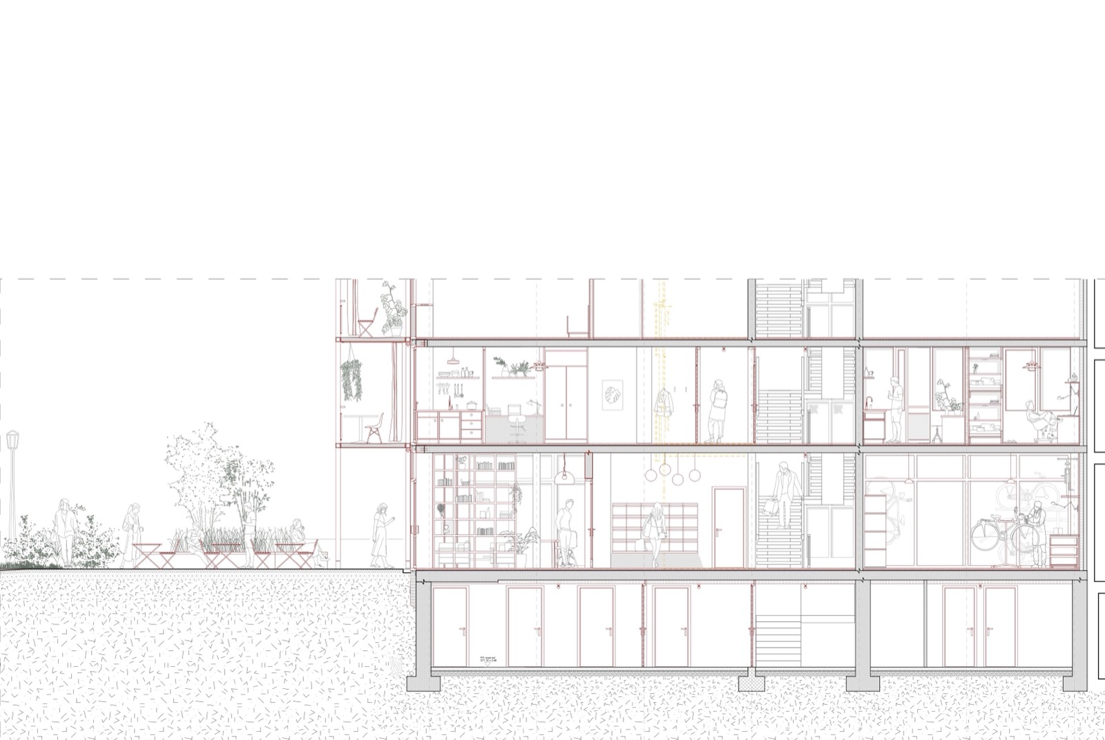 Coupe sur le bâtiment, logements superposés aux commerces et espaces partagés du rez-de-chaussée
