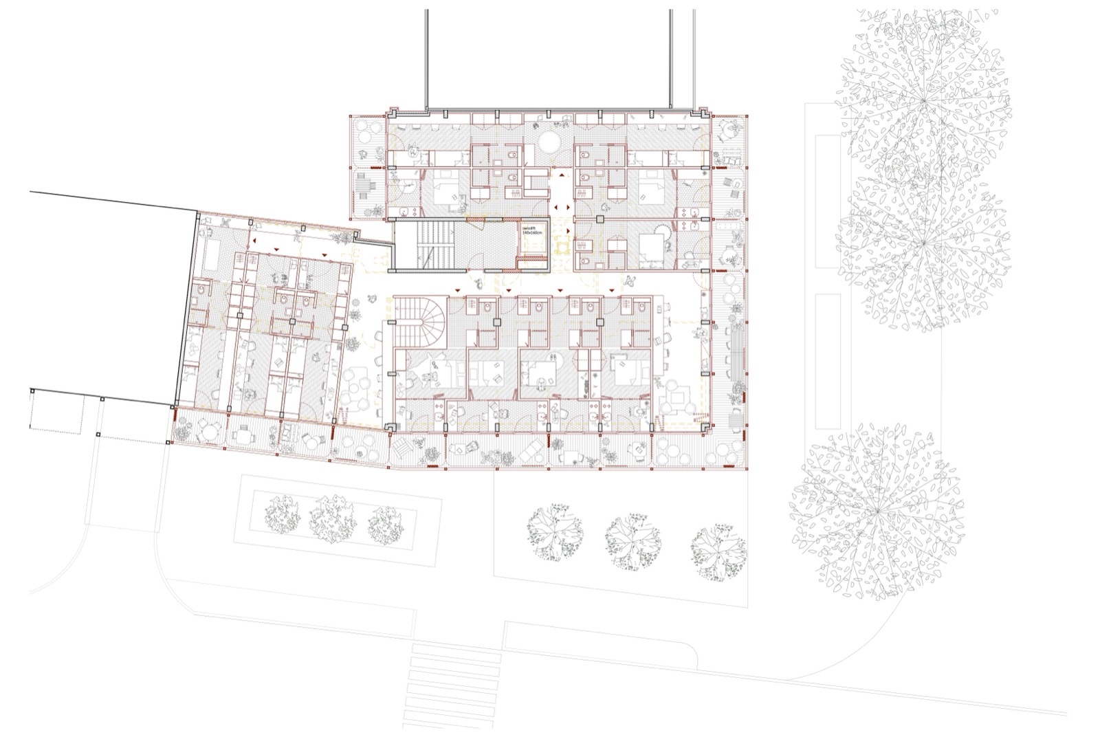 Plan d'un étage de logements, clusters et appartements familiaux distribués autour des circulations
