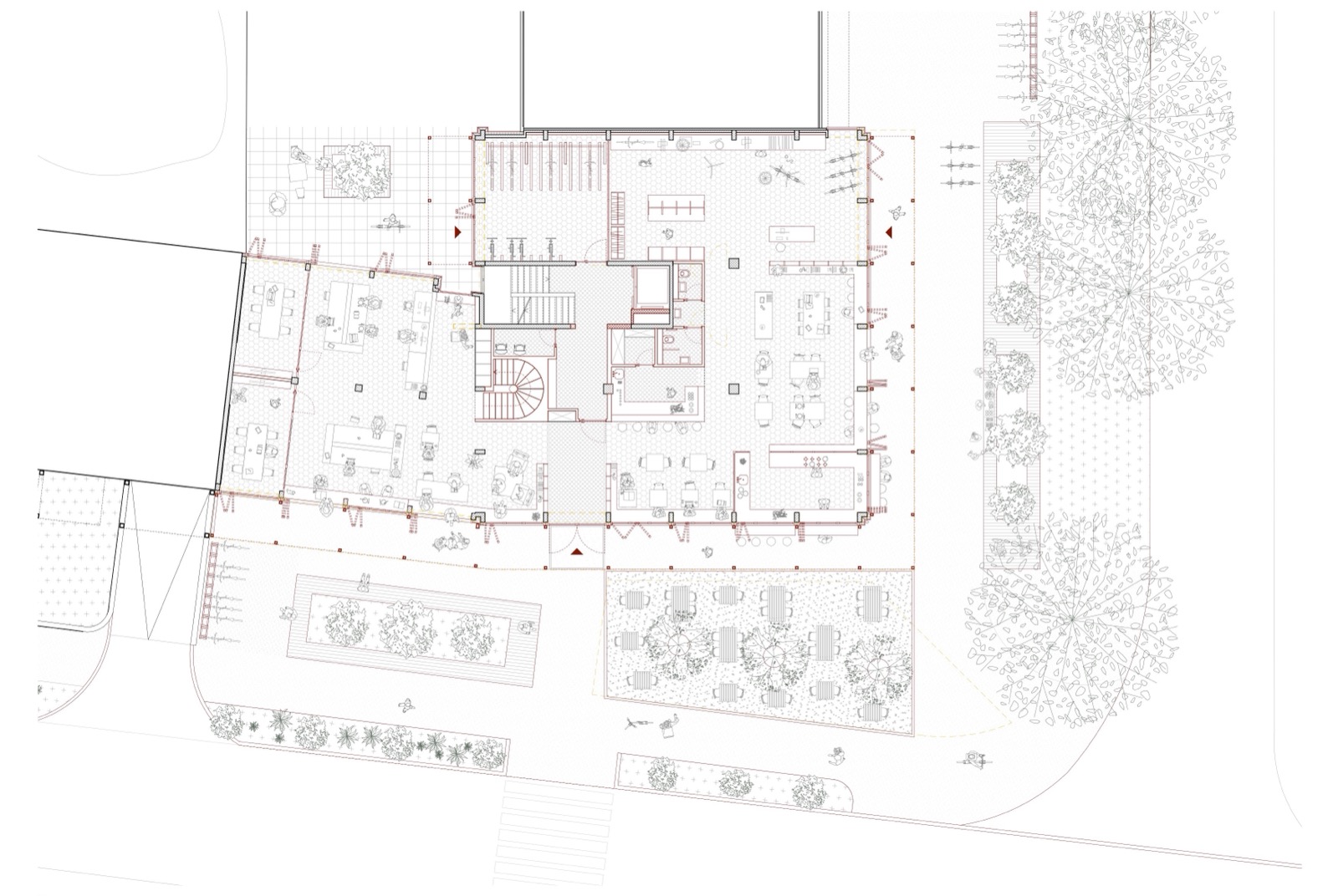 Plan du rez-de-chaussée, commerces, ateliers et espaces communs ouverts sur la rue et le jardin