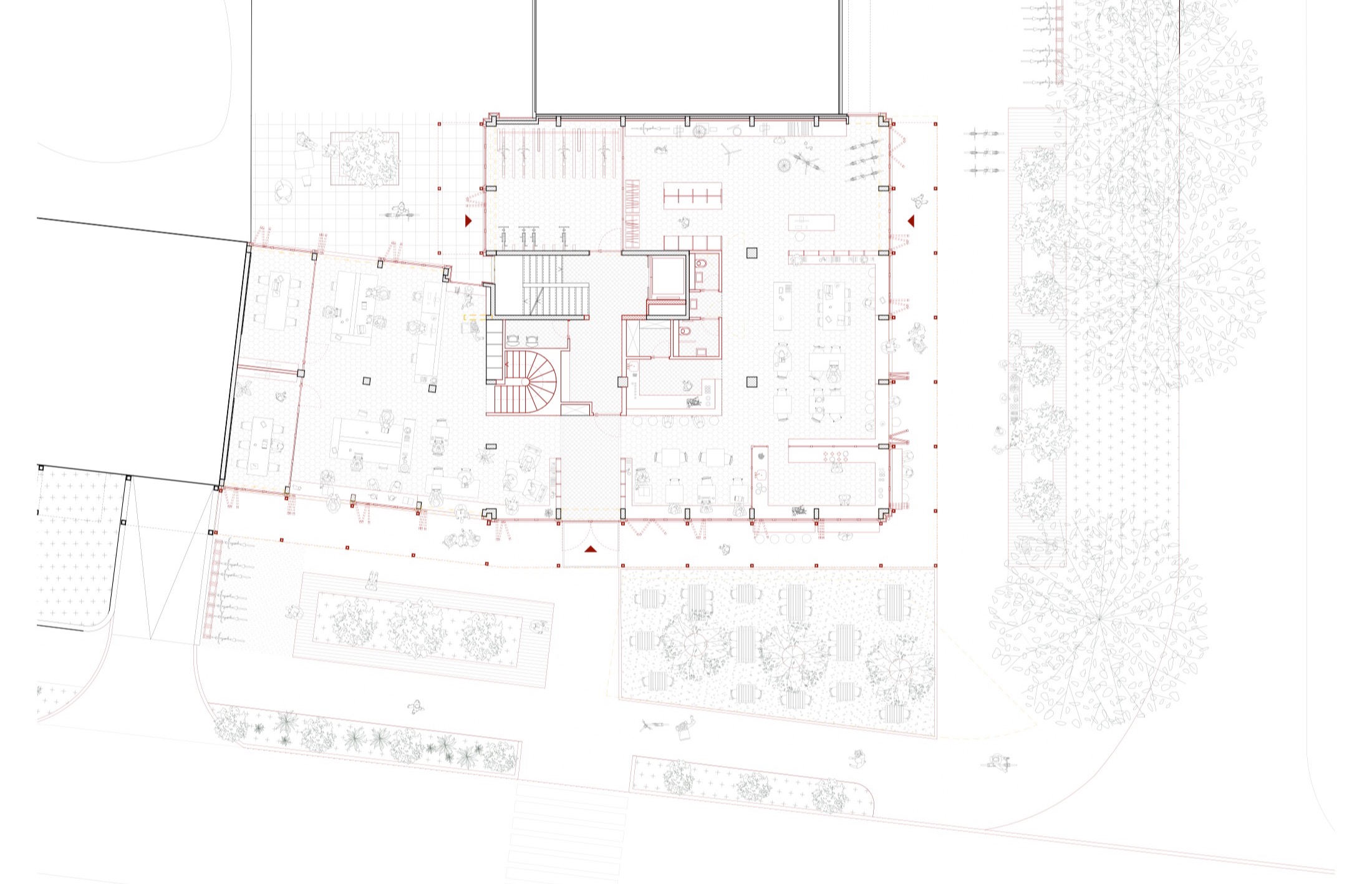 Plan de rez-de-chaussée d'un projet avec ses espaces intérieurs et son jardin arboré